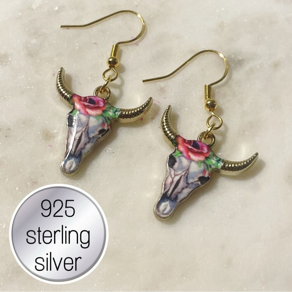 925 sterling silver Floral Bull Skull Earrings
